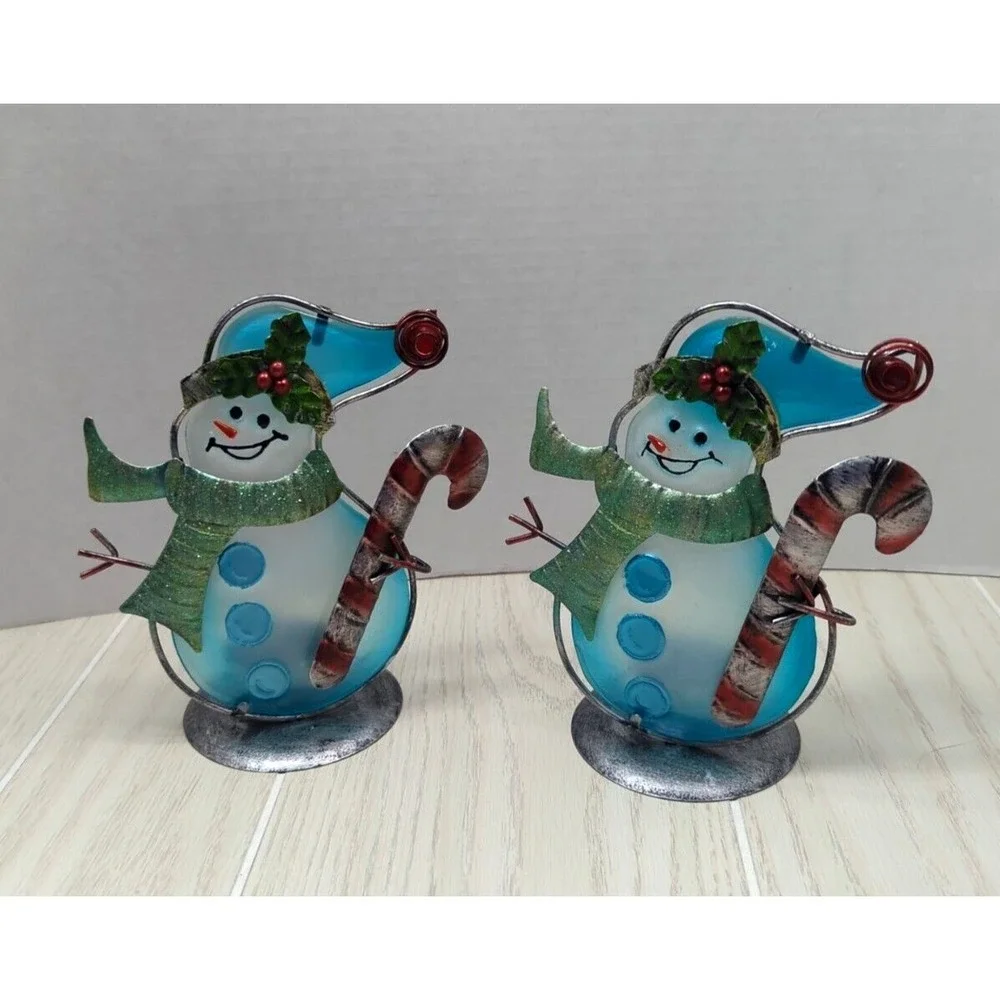 Blue white glass metal candy canes accents Snowman pair tea light candle holders